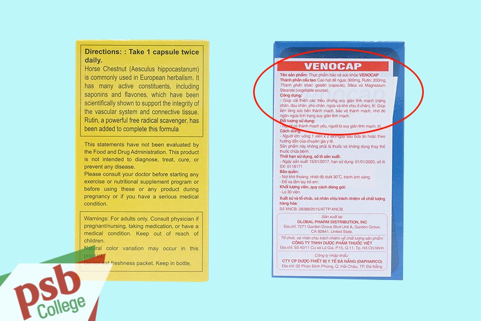 Tem phụ Tiếng Việt của Venocap được dán đối với sản phẩm nhập khẩu chính hãng