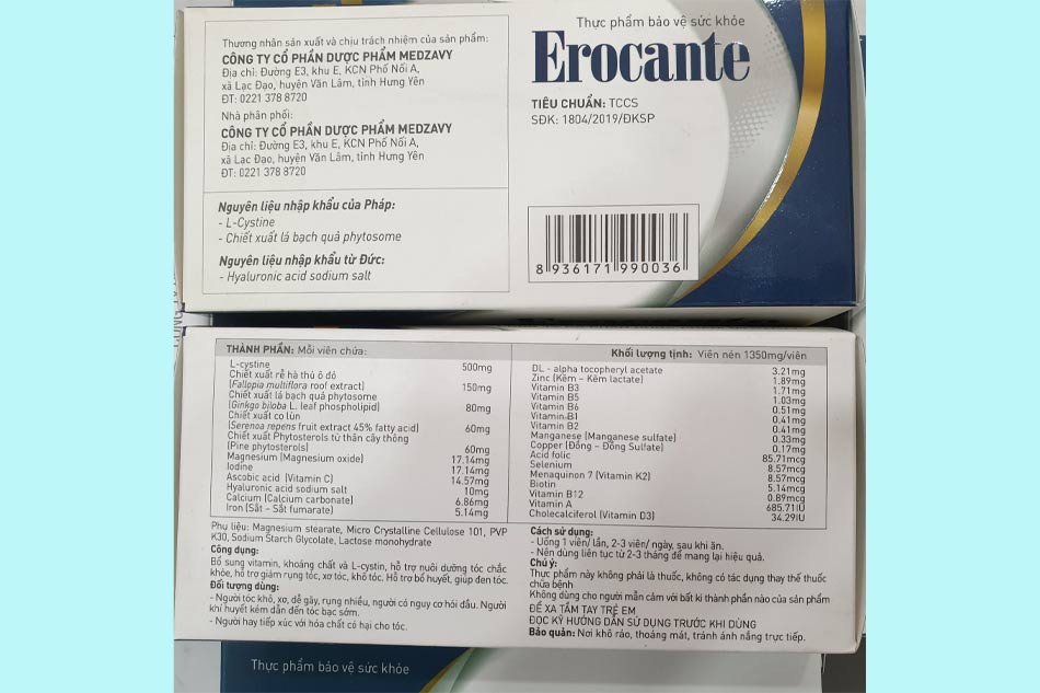Bảng thành phần của viên uống Erocante