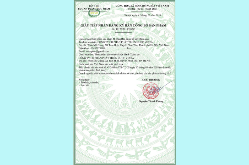 Hạnh Xuân được cấp giấy chứng nhận an toàn thực phẩm của Bộ Y Tế