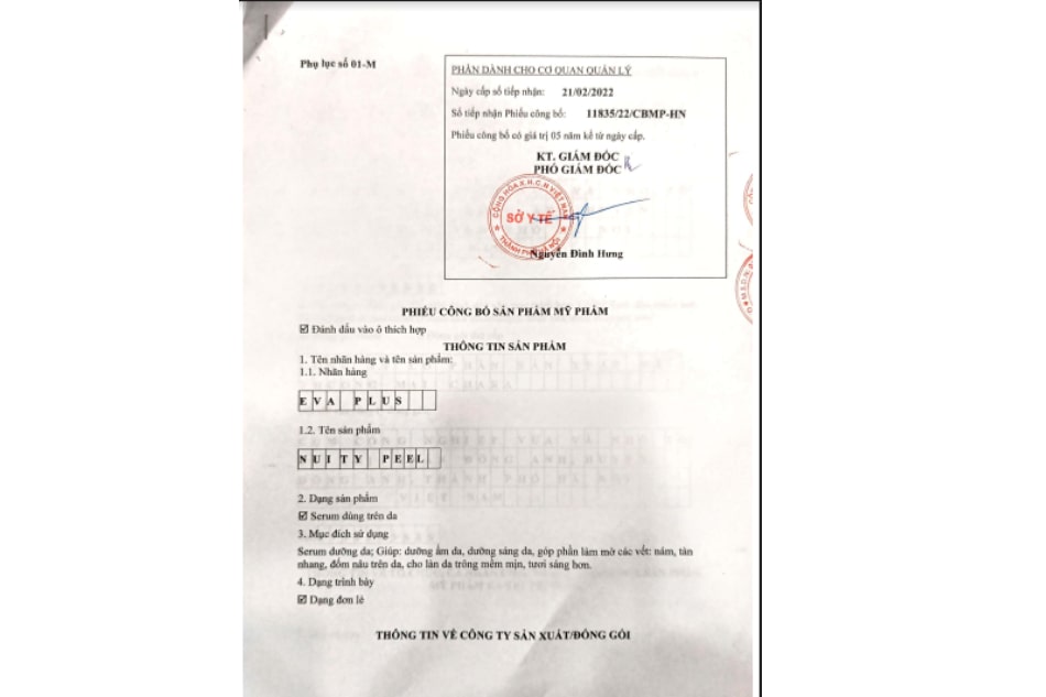 Tờ công bố sản phẩm Serum Nuity Peel